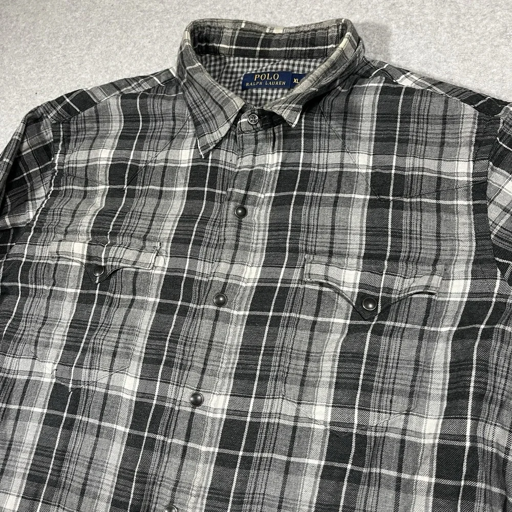 Polo Ralph Lauren Shirt Mens XL Gray Flannel Pearl Snap Western Plaid Cotton LS